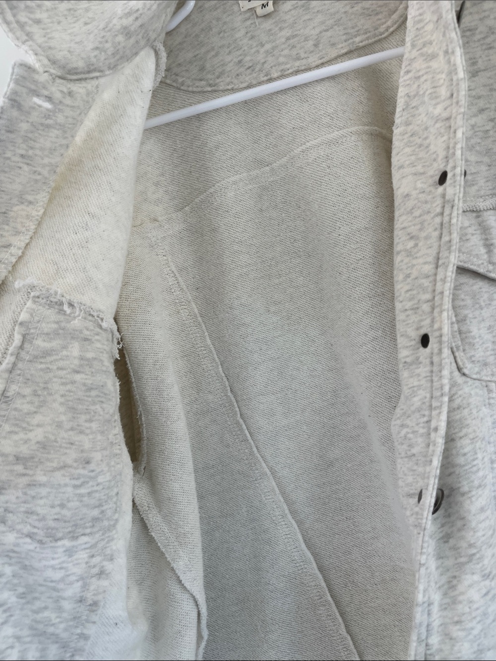 POL Cream Heather Gray Raw Hem Balloon Sleeve Crop Jacket Sweatshirt Shacket M - Picture 10 of 11